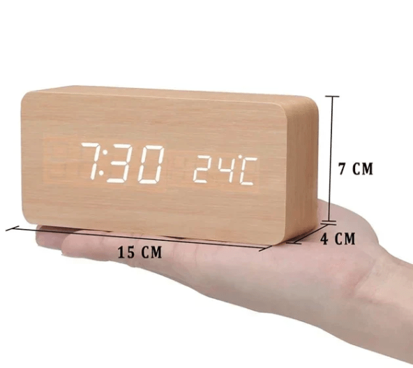 Modern LED clock for office desk, voice activated time & temperature.