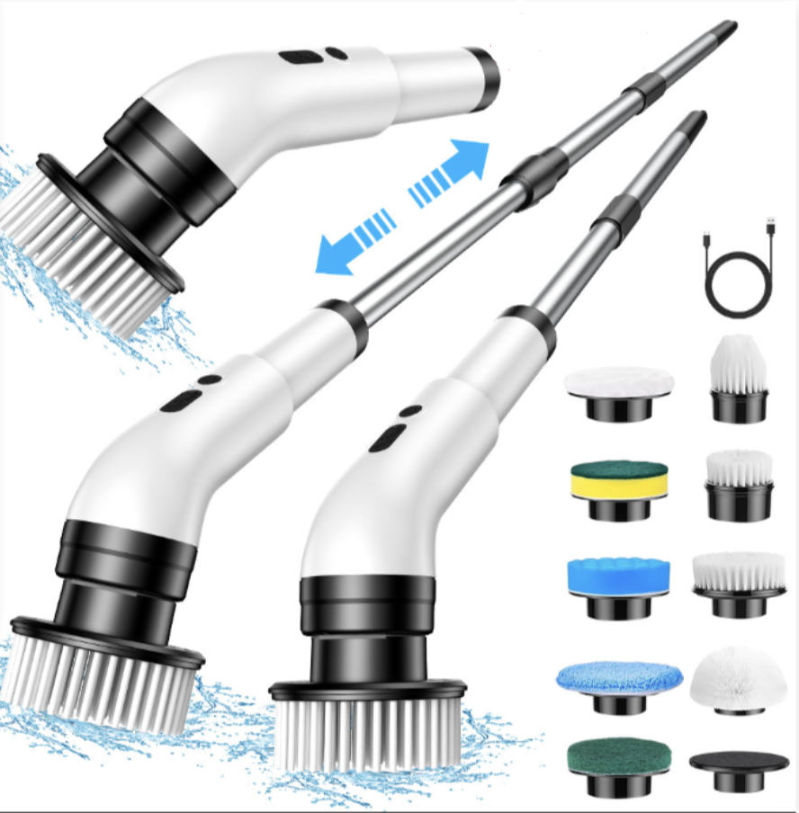 Universal cordless power cleaner with extendable handle for kitchen cleaning. Tackles grease on sinks, stoves & floors.