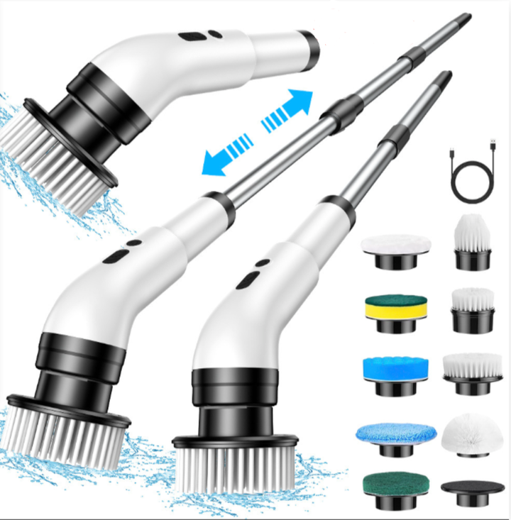 Universal cordless power cleaner with extendable handle for kitchen cleaning. Tackles grease on sinks, stoves & floors.