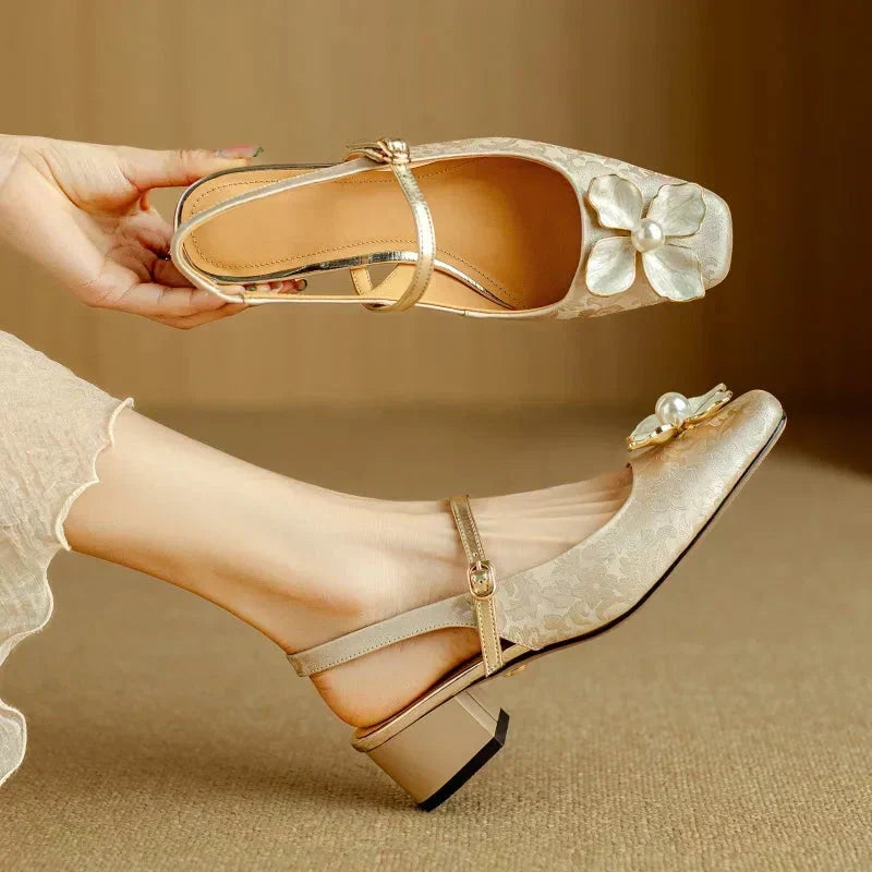 Classic floral jacquard block-heel pumps for women. Chic pointed toe, comfortable for events.