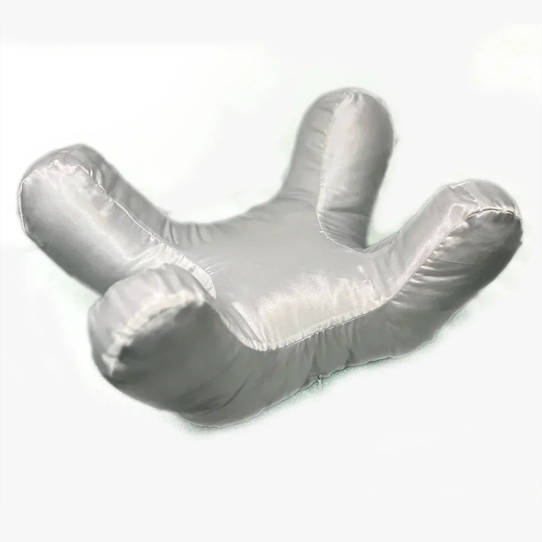 Ergonomic face pillow & satin case for beauty sleep. Reduces facial wrinkles, prevents acne, and protects eyelashes.