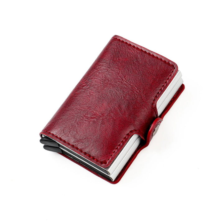 Men's RFID wallet with sleek aluminum design & double pop-up card pockets for secure storage.