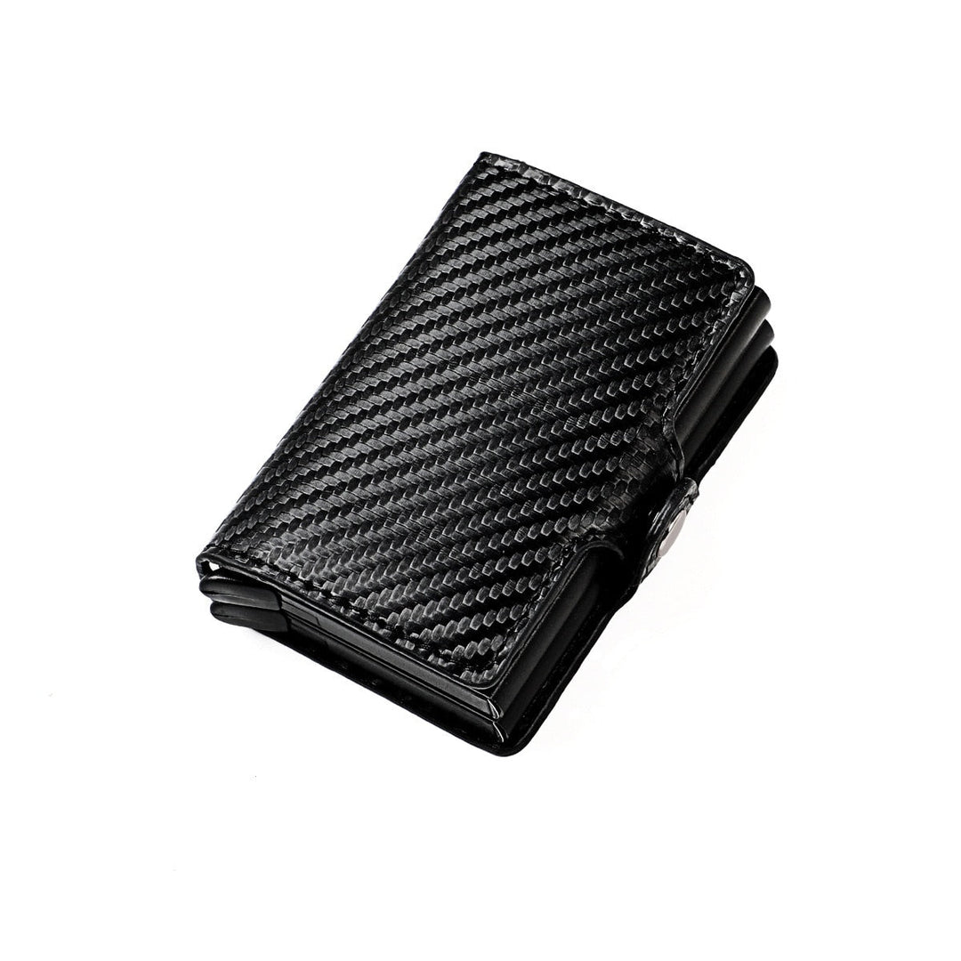 Open men's RFID pop-up wallet, revealing secure card slots & premium aluminum anti-theft design.