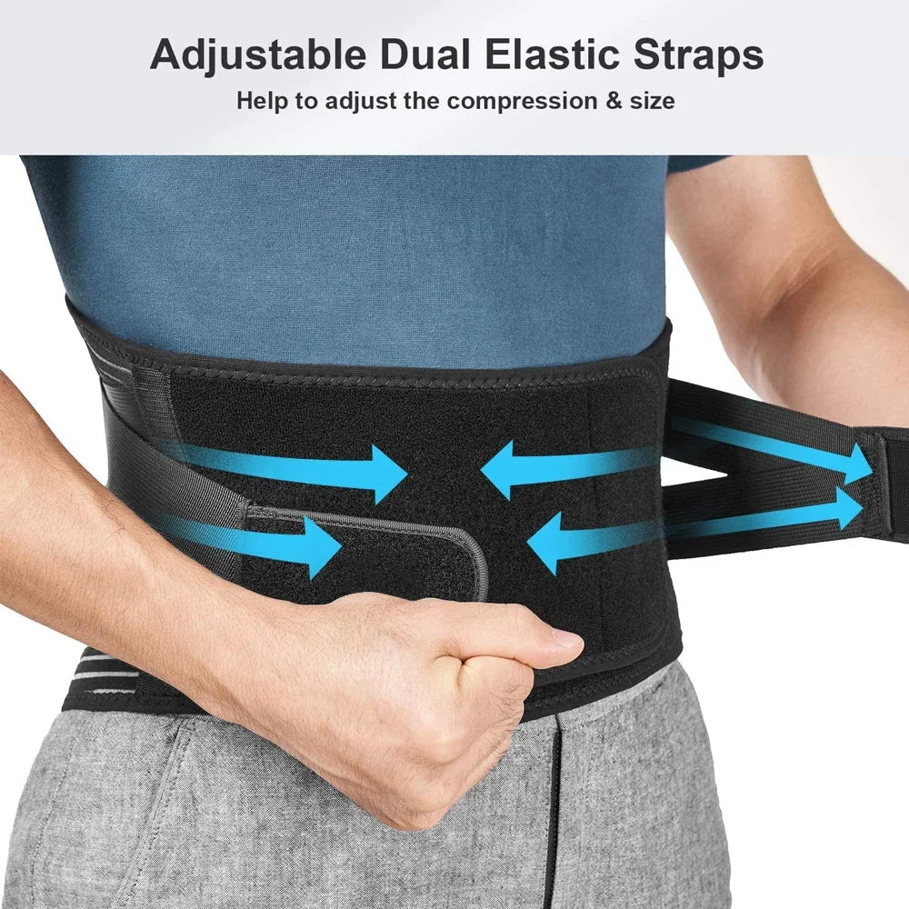 Breathable unisex back support belt, adjustable for ergonomic comfort and effective daily pain relief.