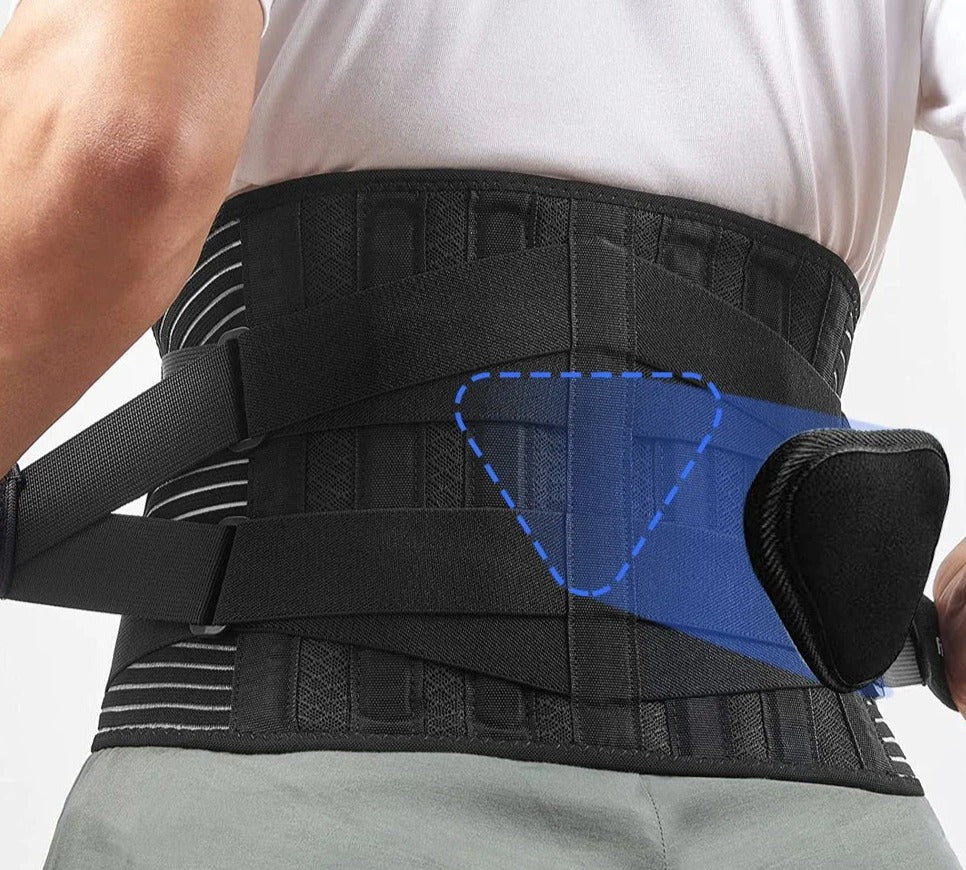 Fitness and work comfort back support, adjustable & unisex, designed for daily lumbar pain relief and stability.