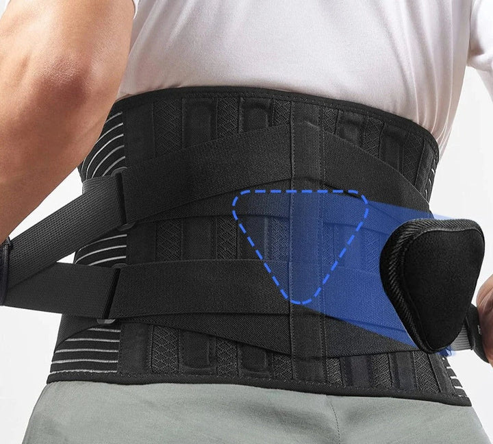 Fitness and work comfort back support, adjustable & unisex, designed for daily lumbar pain relief and stability.