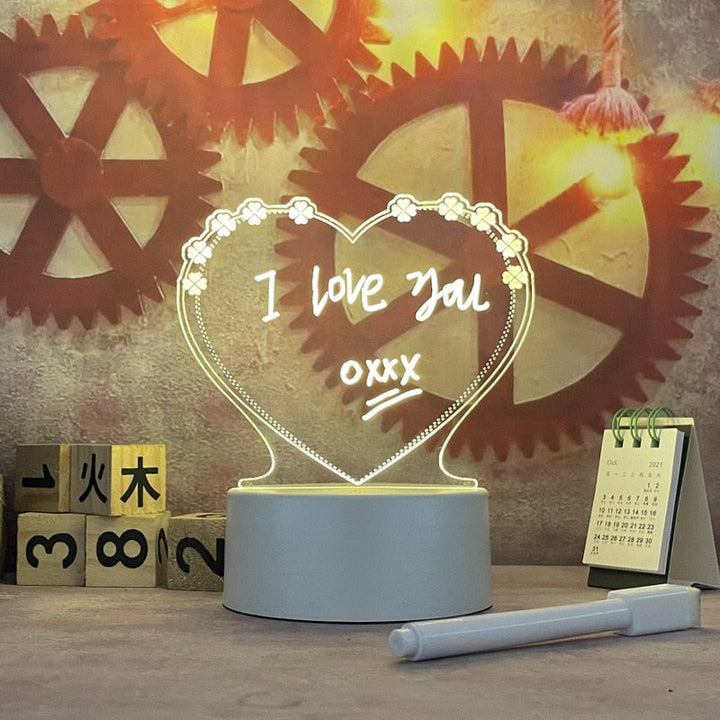 Customizable LED light-up message board with erasable pen, great for personal notes or office messages.