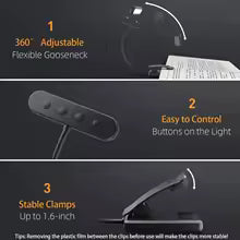 Versatile flexible clip-on desk & book lamp, USB rechargeable LED light with dimmable settings.
