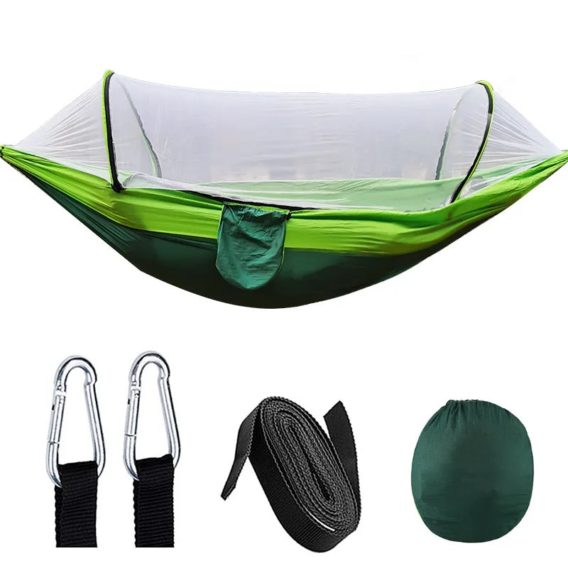 Lightweight portable hammock with a protective mosquito net, perfect for comfortable outdoor camping & relaxation.
