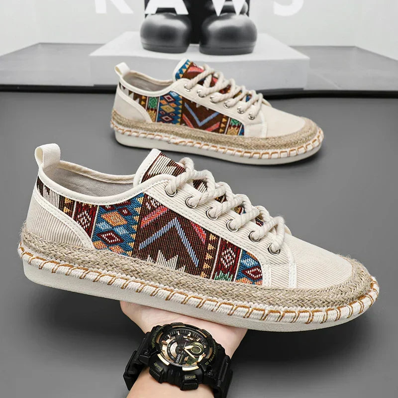 Stylish men's fashion sneakers featuring vibrant Aztec print, perfect for daily wear.