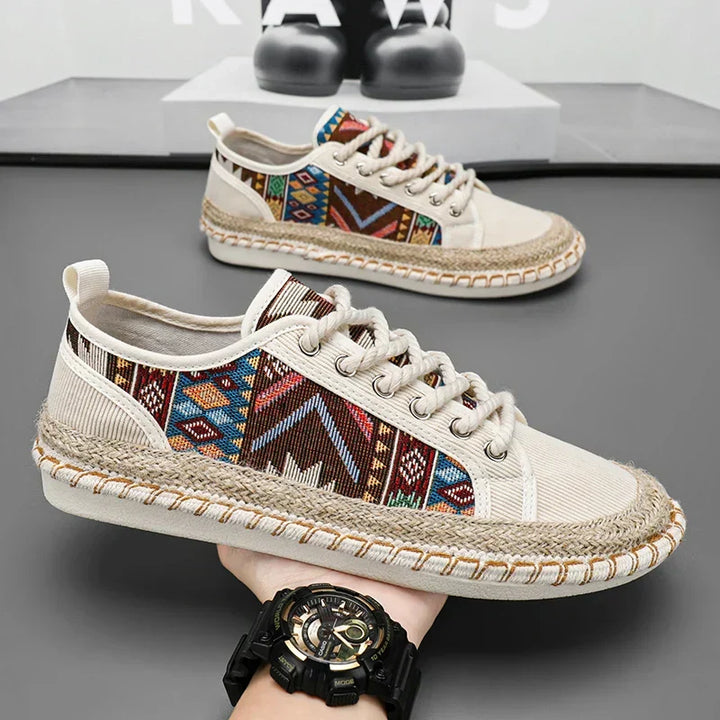 Stylish men's fashion sneakers featuring vibrant Aztec print, perfect for daily wear.