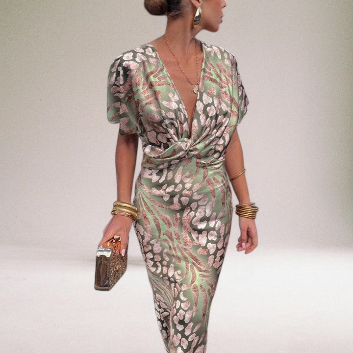 Flowy women's long wrap dress in a luxurious fabric, ideal for evening gowns & special events.