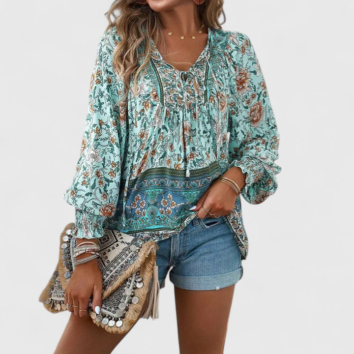 Women's Boho V-Neck Lace-Up Blouse