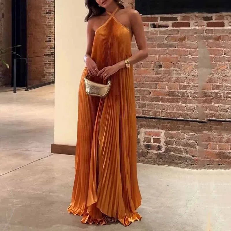 Women's Pleated Halter Neck Maxi Dress
