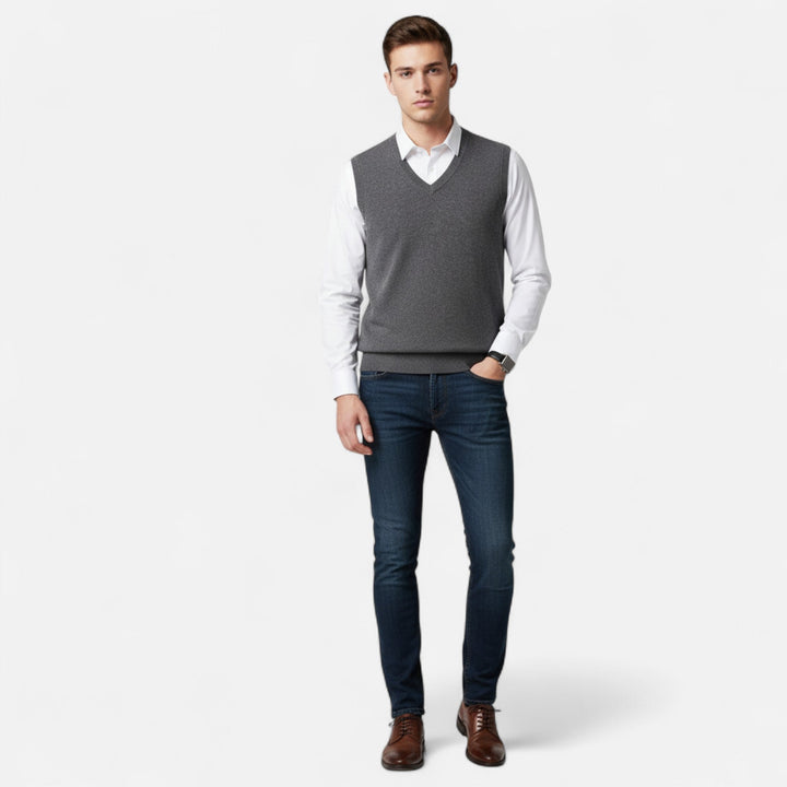 Elegant men's V-neck knit vest made of 100% Merino wool. Versatile for formal or casual outfits.