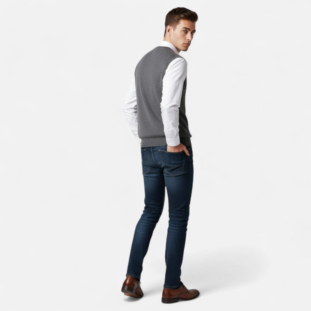 Luxurious men's soft Merino wool V-neck knit vest. Comfortable, breathable, a sophisticated layering piece.