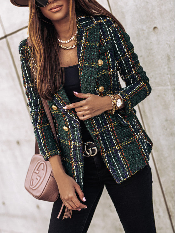 Fashionable women's elegant checked blazer, a double-breasted jacket adding sophistication to any outfit.