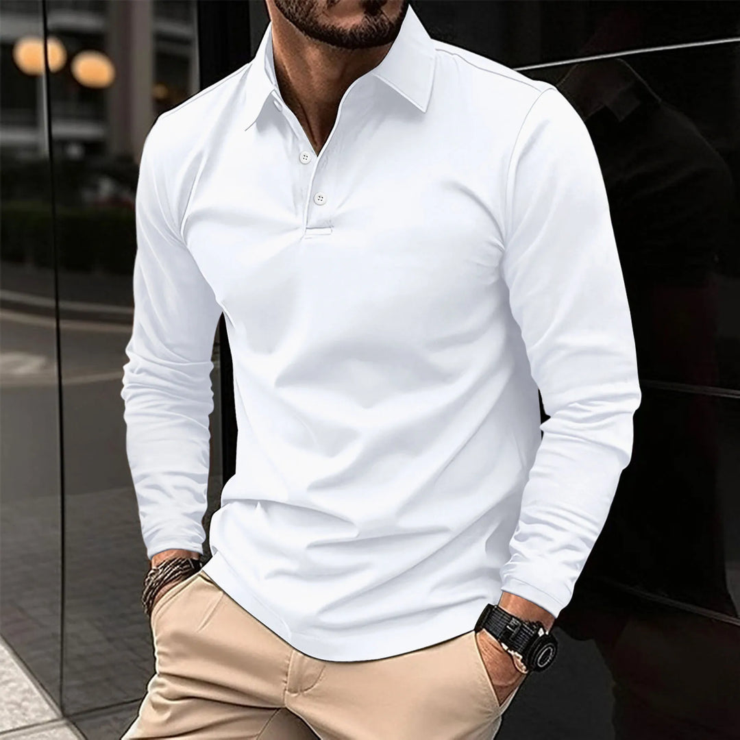 Men's long-sleeved smart casual polo shirt, comfortable & stylish for versatile everyday wear.