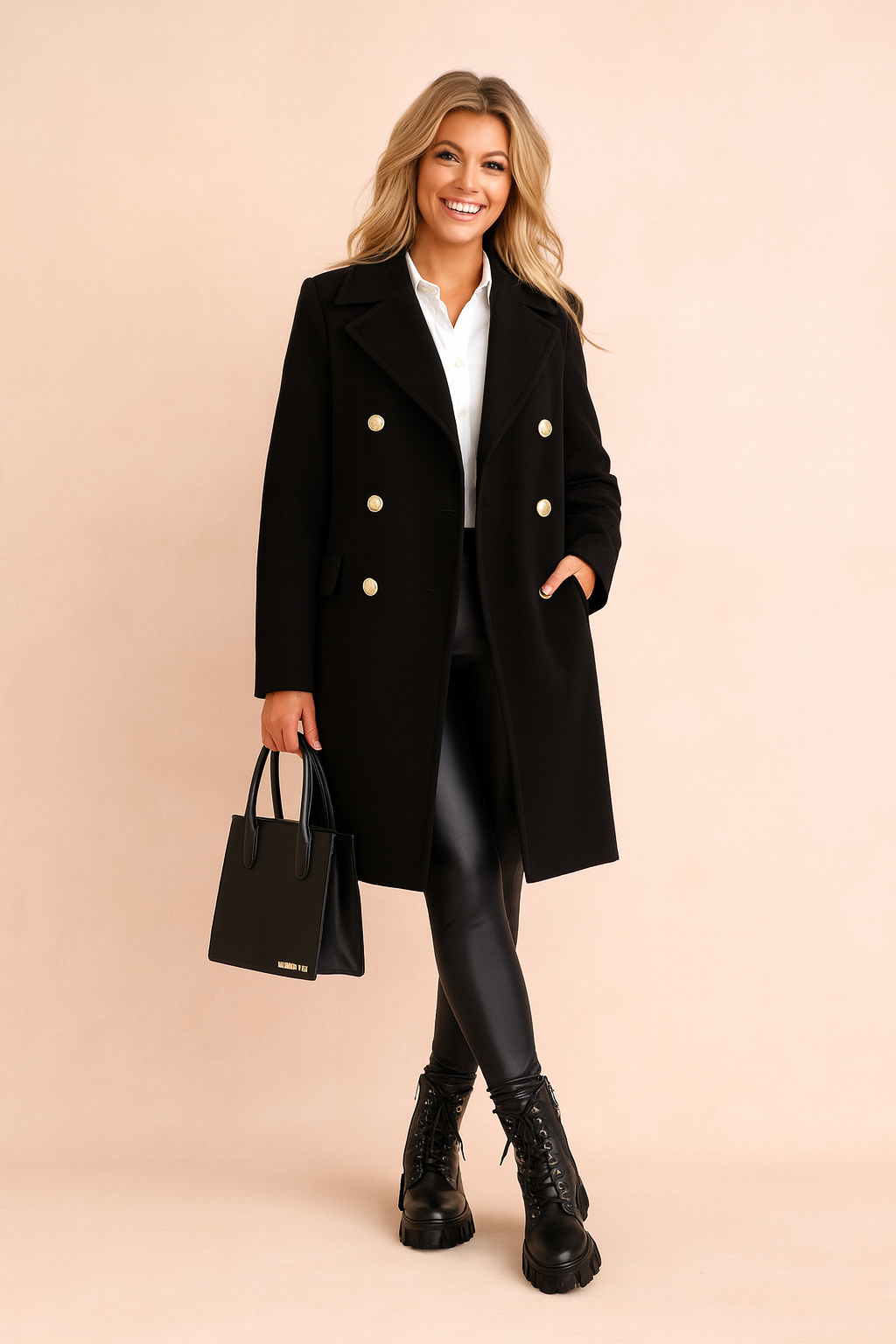 Women's tailored double-breasted longline winter coat, perfect for elegant cold-weather style. Classic outerwear.
