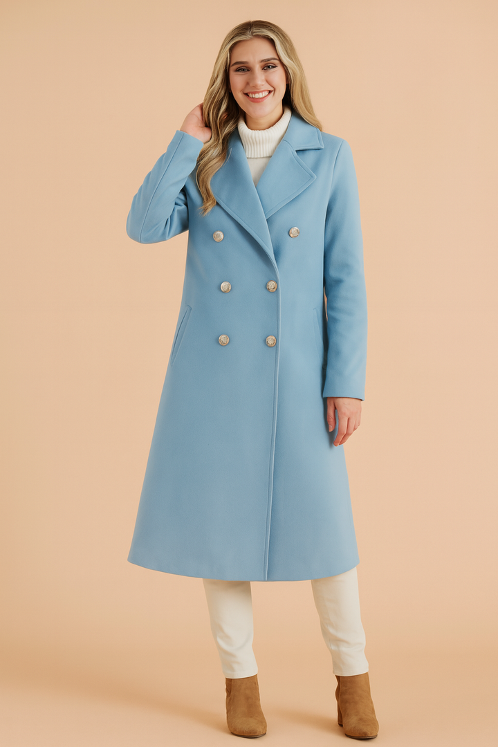 Warm & sophisticated women's longline double-breasted winter coat, ideal for cold fall and winter fashion. Tailored fit.