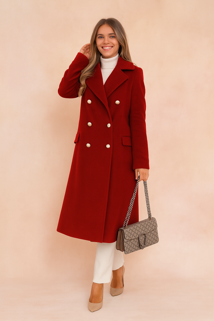 Sophisticated women's double-breasted longline winter coat in tailored style. Warm & chic outerwear for cold days.