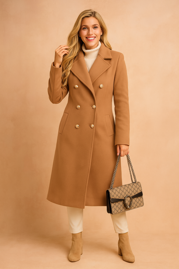 Stylish women's long double-breasted winter coat, tailored for an elegant silhouette. Warm & classic cold-weather wear.