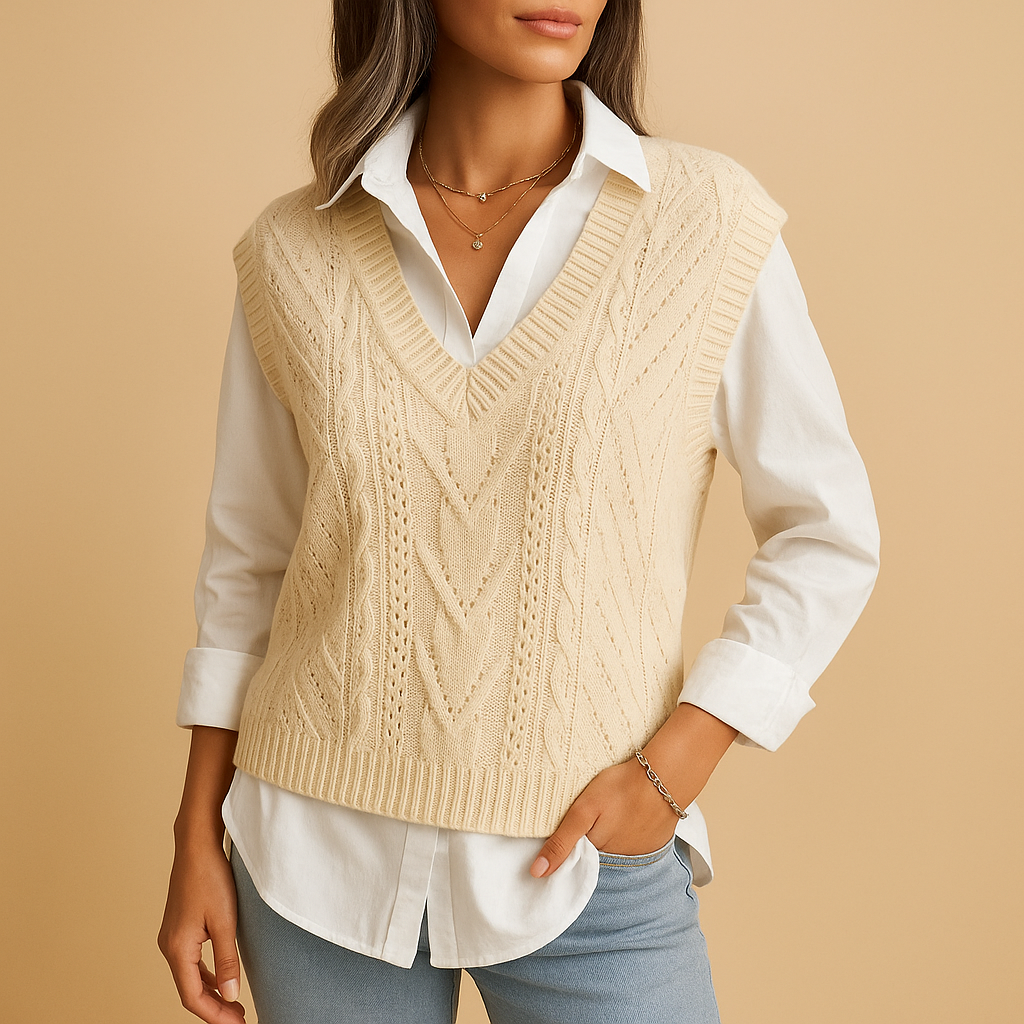 Slim-fit women's cable knit V-neck vest. Stylish sleeveless knitwear for elegant layering & casual spring/fall outfits.