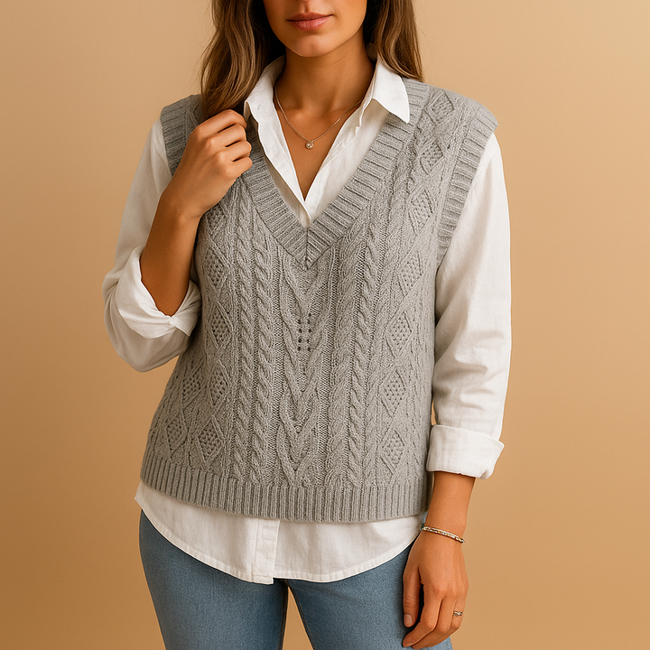 Textured cable knit women's V-neck vest. Soft sleeveless layering top, ideal for transitional boutique fashion.