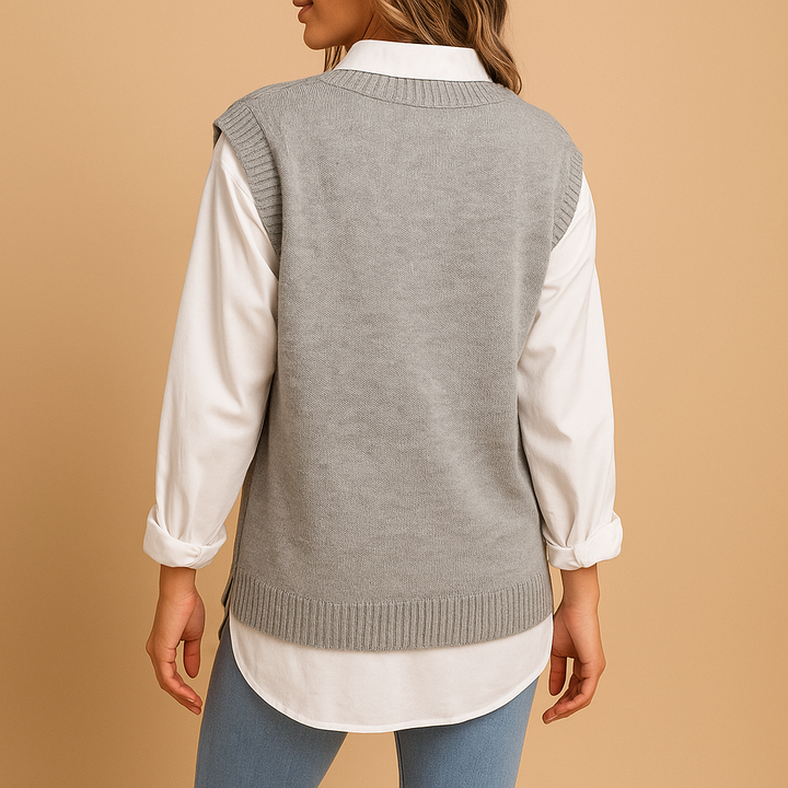 Women's V-neck cable knit layering vest. Versatile sleeveless knit top for stylish spring, fall, or casual wear.