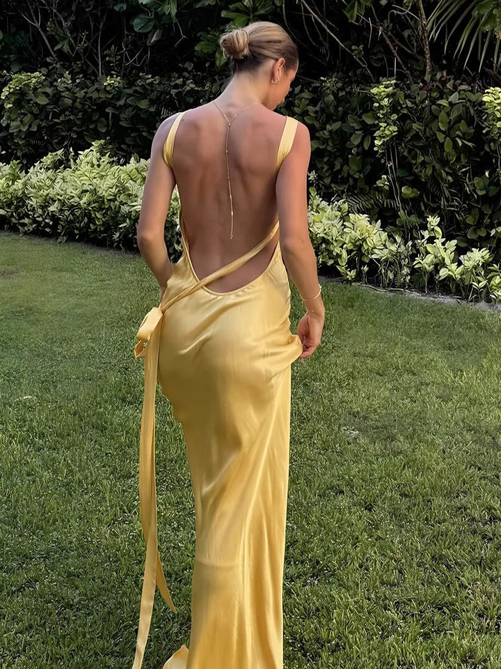 Stunning yellow formal maxi dress for women, a chic choice for wedding guests and evening attire.