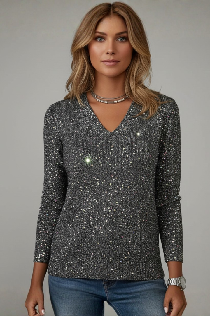 Statement dazzling sequin V-neck sweater top for women. Glamorous long sleeve, perfect for parties & special occasions.