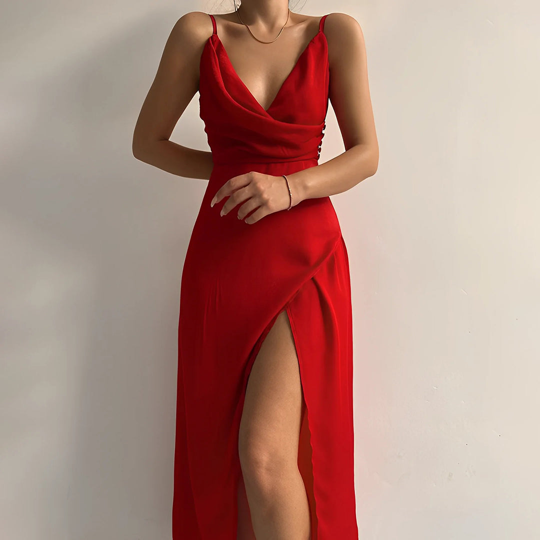 Sophisticated women's maxi dress with a beautiful draped neckline, ideal for formal events and parties.