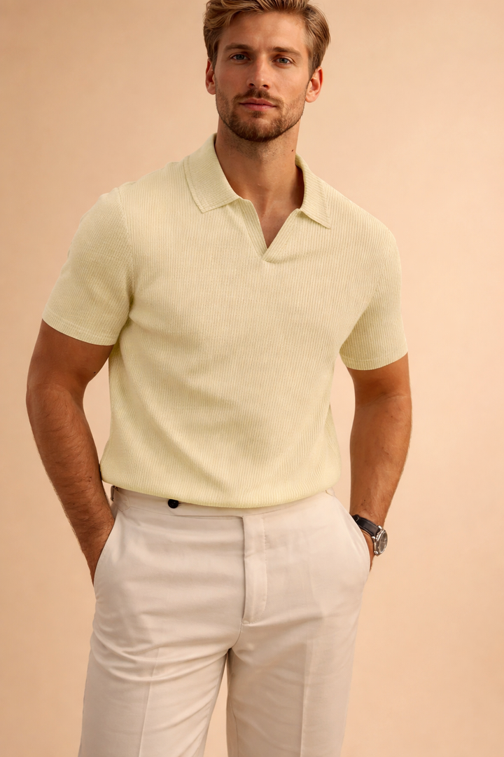 Men's slim fit short sleeve polo shirt with modern collar for a stylish, casual look.