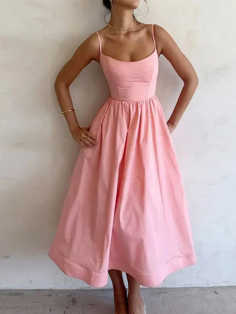 Elegant women's scoop neck maxi strap dress, perfect for party wear. A-line sleeveless design for versatile occasions.