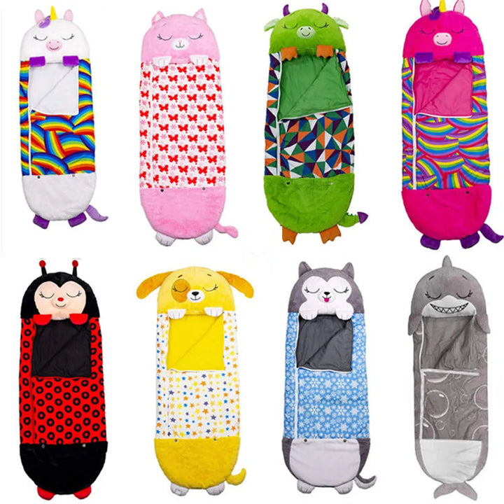 Plush animal play pillow & portable travel sleeping bag for children; a fun, soft cushion for adventures.