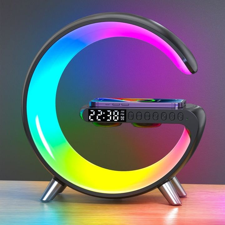Nvroome Lights wireless fast charger, Bluetooth speaker, digital clock & ambient RGB light for office/bedroom decor.