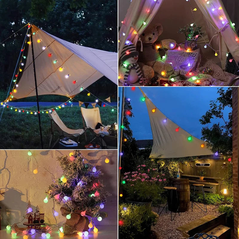 Glowing warm white solar string lights illuminating a garden path, enhancing evening patio ambiance.