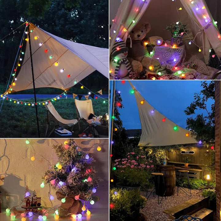 Glowing warm white solar string lights illuminating a garden path, enhancing evening patio ambiance.