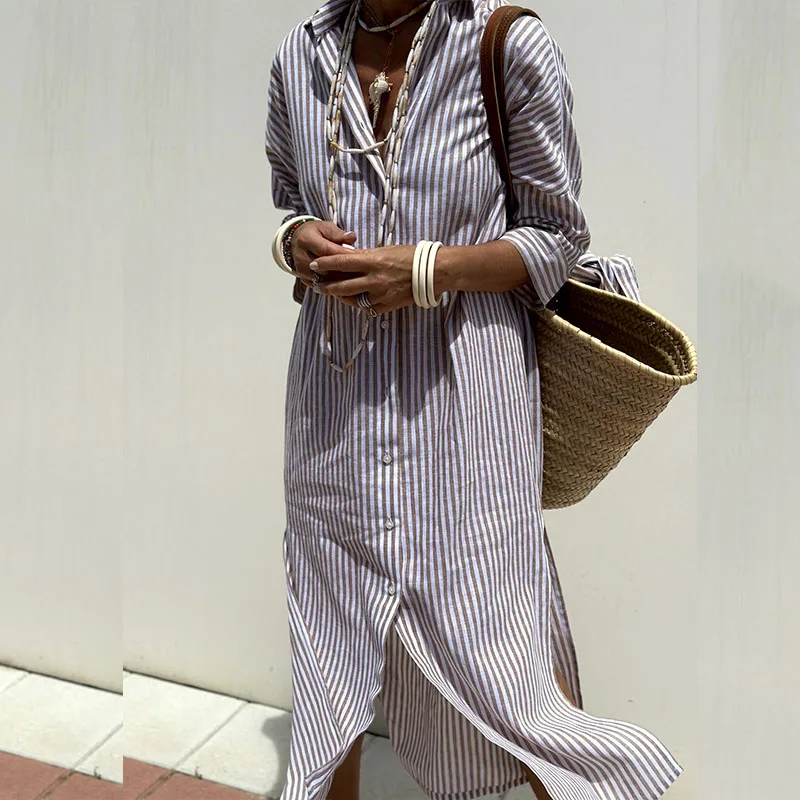Modern striped shirtdress for women, offering an effortless blend of casual comfort and chic summer fashion.