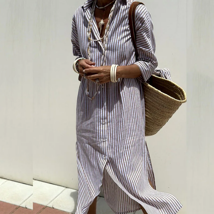 Modern striped shirtdress for women, offering an effortless blend of casual comfort and chic summer fashion.