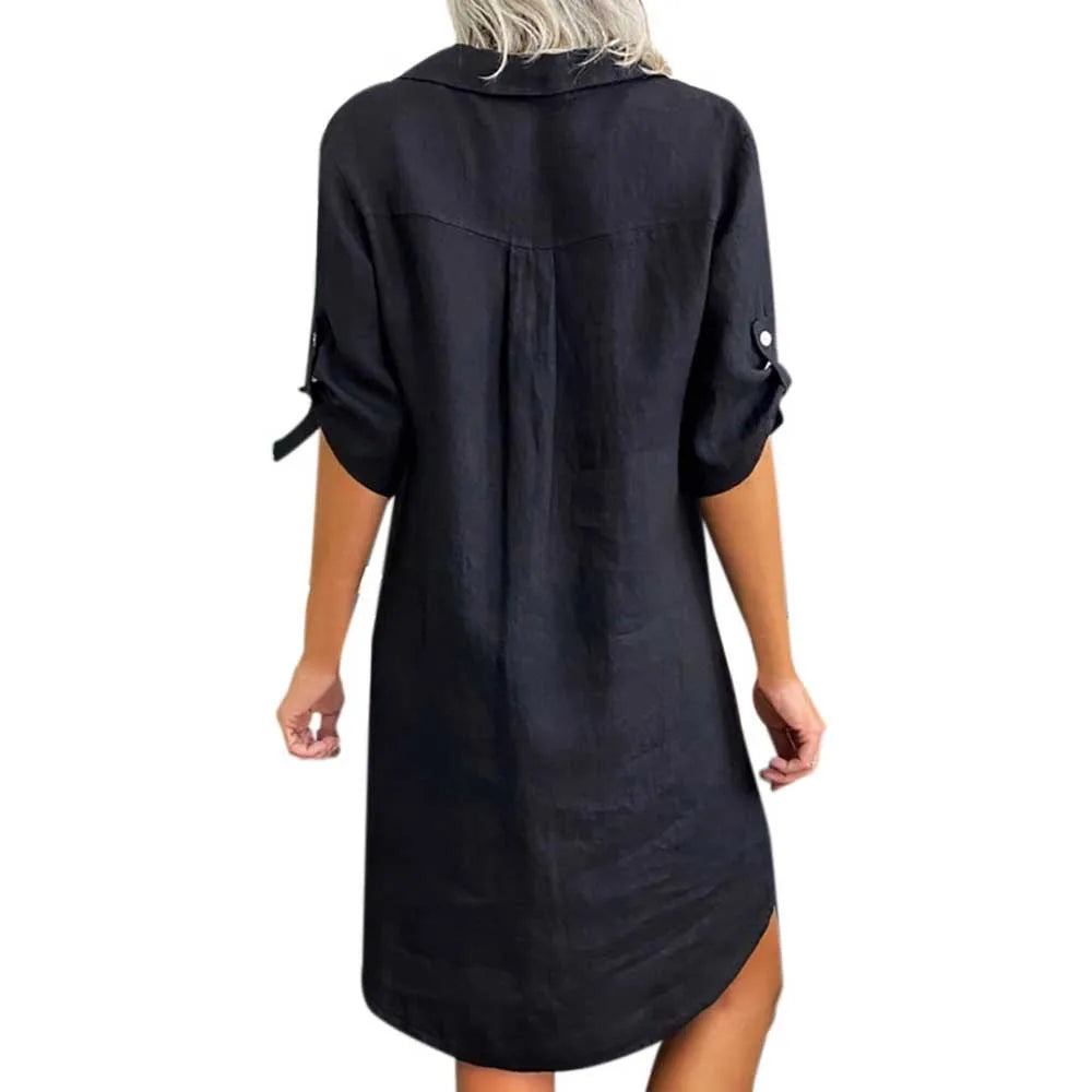 Comfortable women's sleeveless tunic dress with O-neck. Ideal chic knee-length summer apparel.