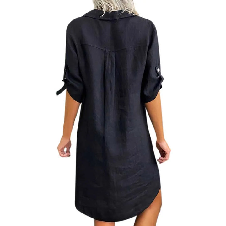 Comfortable women's sleeveless tunic dress with O-neck. Ideal chic knee-length summer apparel.