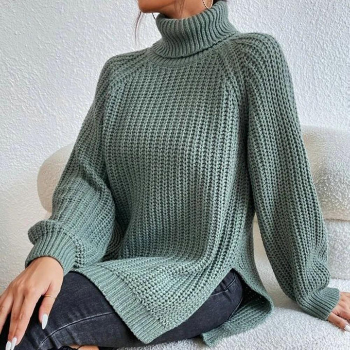 Women's slim fit ribbed turtleneck sweater, cozy knitwear for fall and winter fashion.
