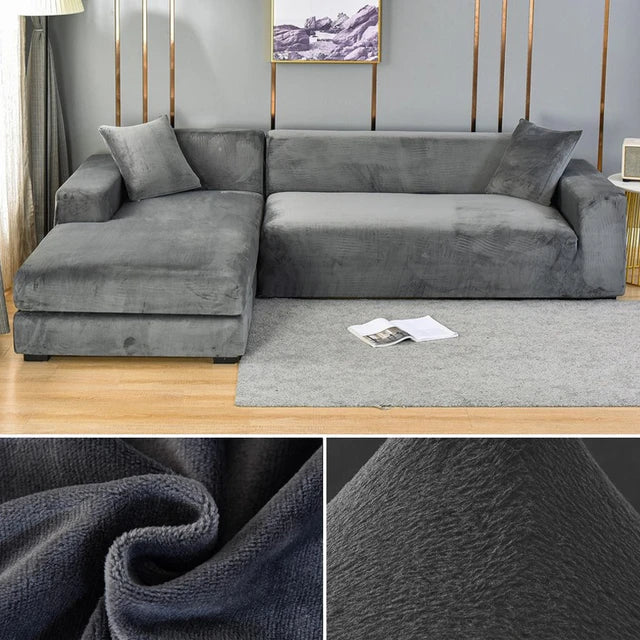 Elastic stretch velvet sofa cover, snug fit for various furniture shapes.