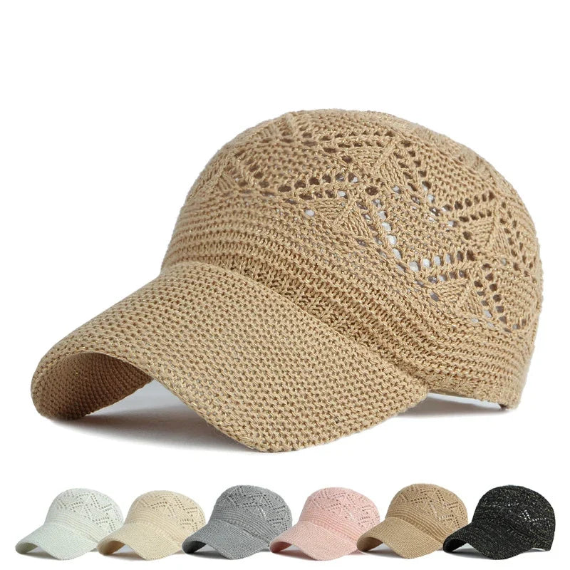 Women's breathable mesh sun hat. Adjustable knit baseball cap for summer outdoor activities.