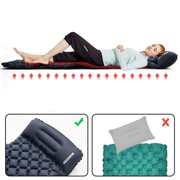 Backpacking ready: Waterproof inflatable sleeping pad with pump, designed for ultralight travel.