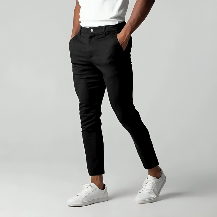 Men's modern fit flex chino trousers, comfort stretch, wrinkle-resistant, ideal for everyday wear.