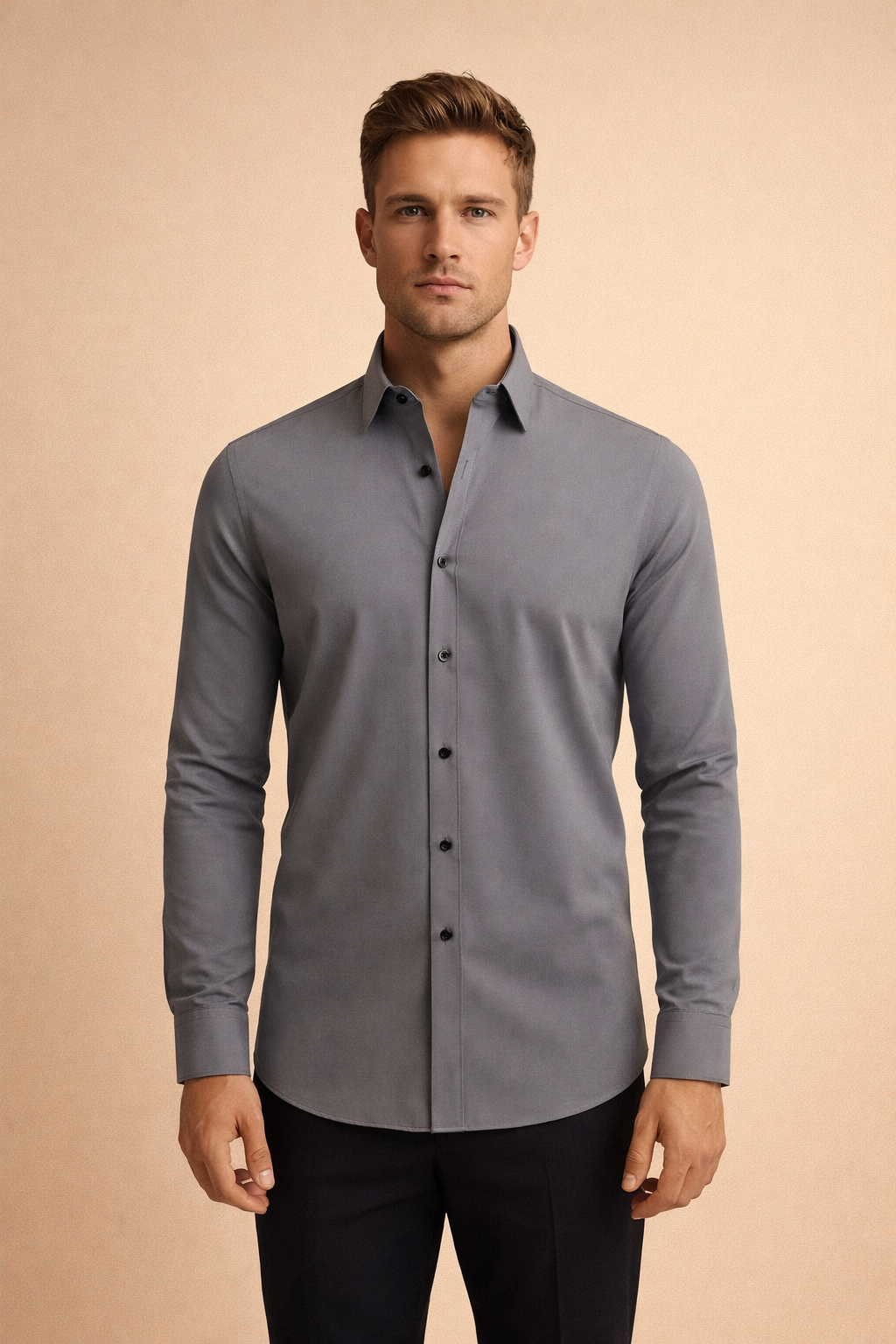 Classic men's stand-up collar shirt, long sleeve button-down. Ideal for office, smart casual, or party wear.