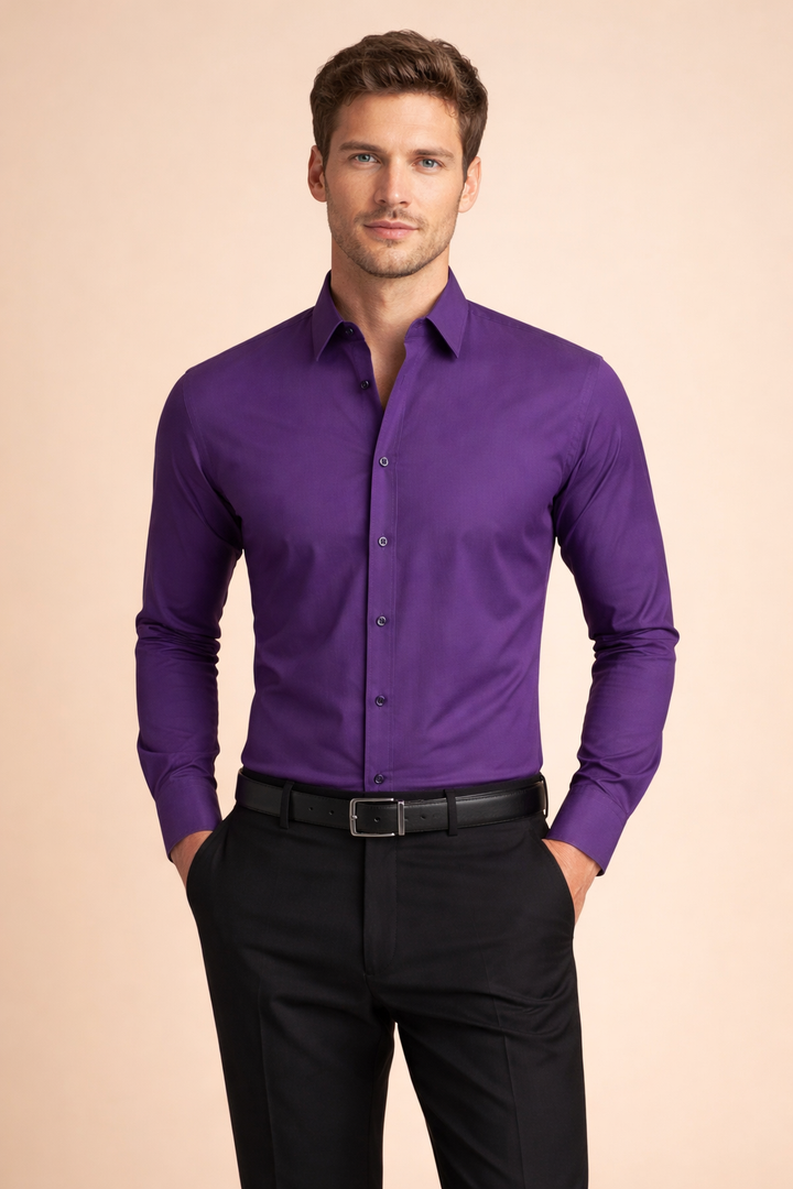 Elegant men's formal shirt with a stand-up collar & button-down front. Sophisticated for professional or party looks.
