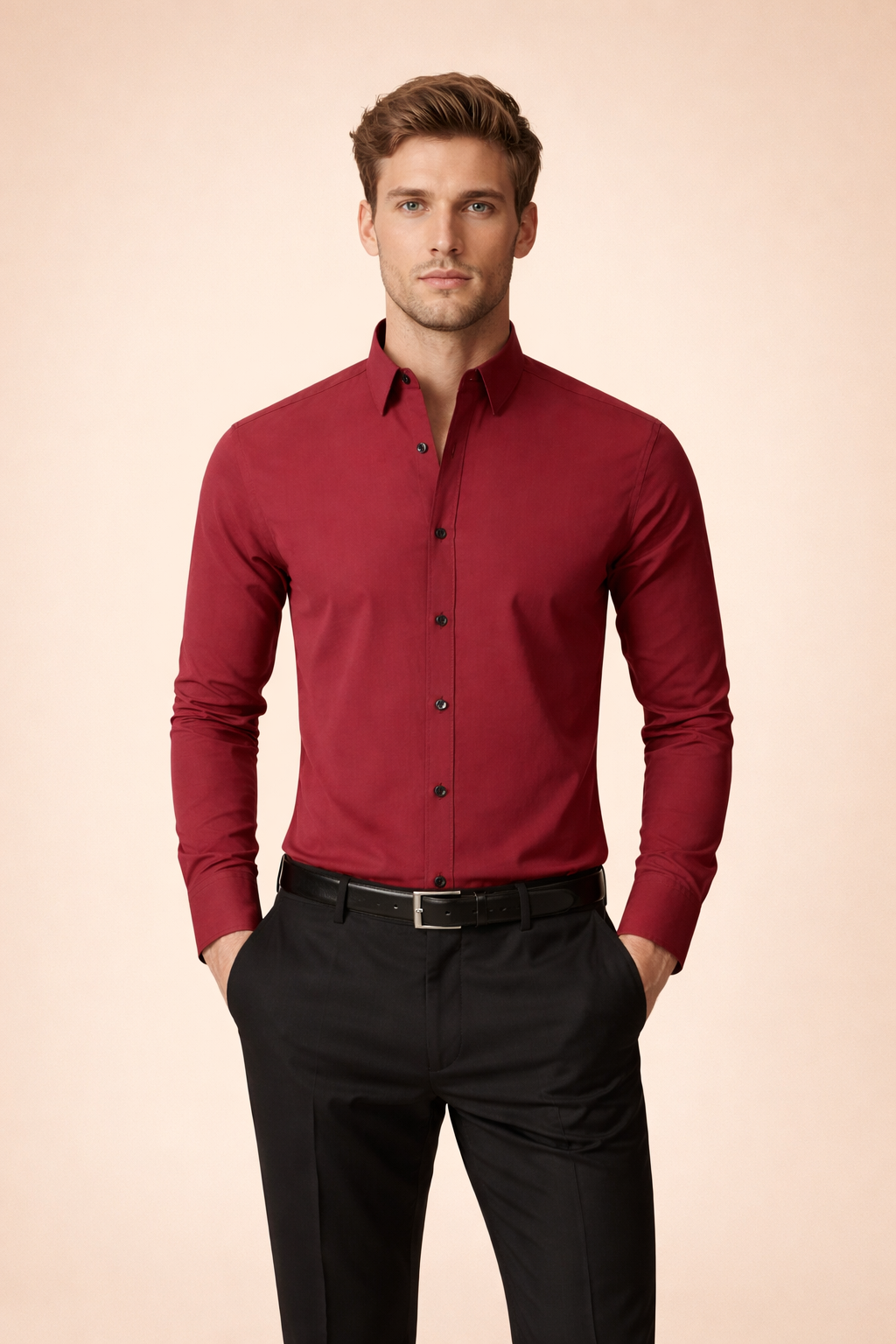Modern fit men's classic button-down shirt. Long sleeve, stand-up collar design for stylish smart casual looks.